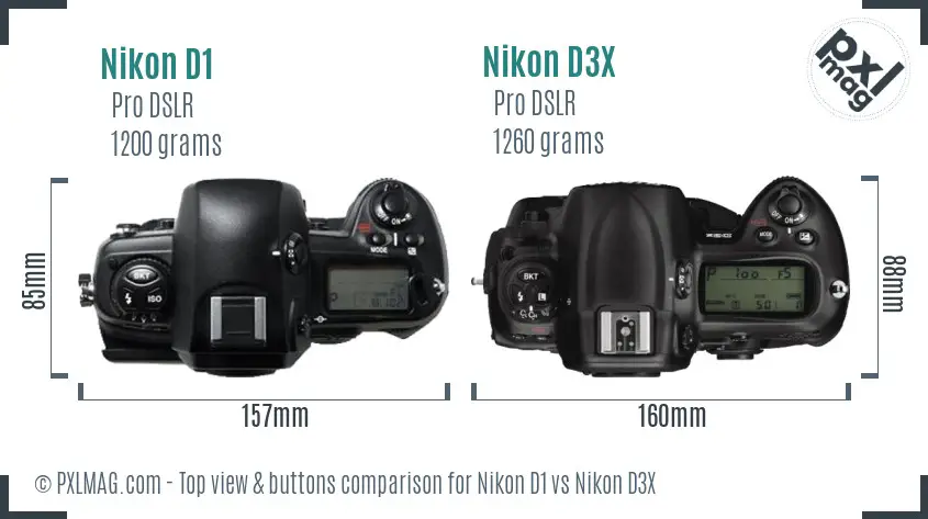 Nikon D1 vs Nikon D3X top view buttons comparison