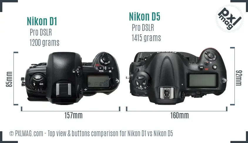 Nikon D1 vs Nikon D5 top view buttons comparison