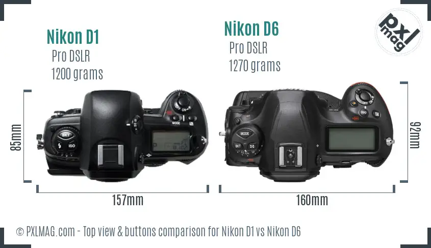 Nikon D1 vs Nikon D6 top view buttons comparison