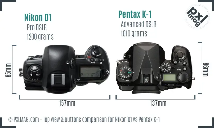 Nikon D1 vs Pentax K-1 top view buttons comparison
