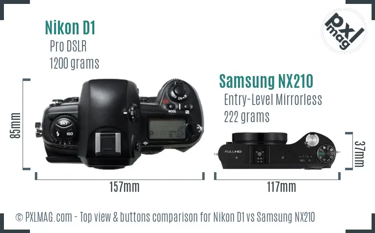 Nikon D1 vs Samsung NX210 top view buttons comparison