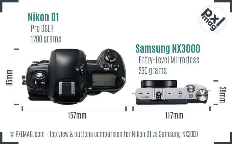 Nikon D1 vs Samsung NX3000 top view buttons comparison
