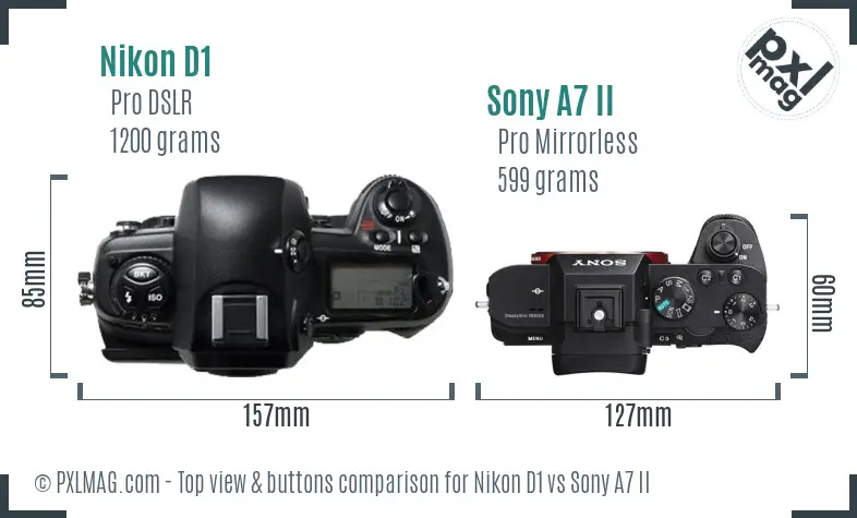 Nikon D1 vs Sony A7 II top view buttons comparison