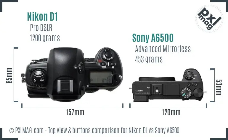 Nikon D1 vs Sony A6500 top view buttons comparison