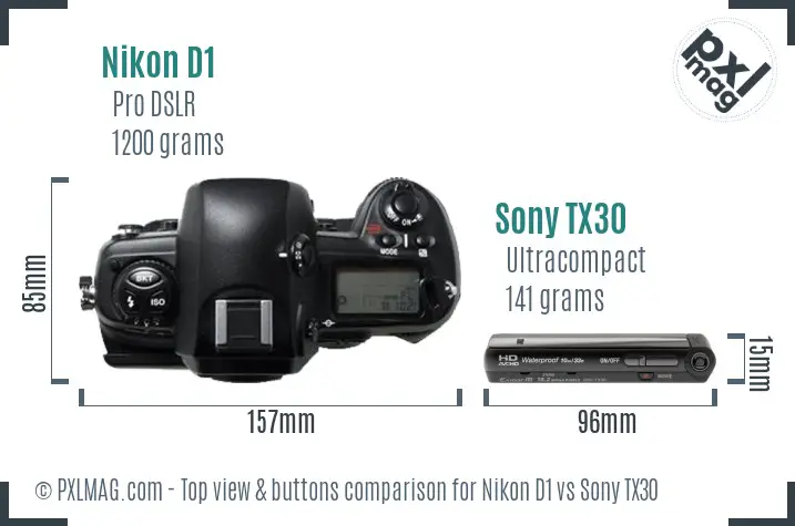 Nikon D1 vs Sony TX30 top view buttons comparison