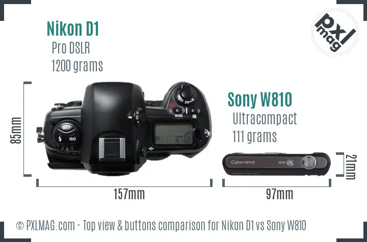 Nikon D1 vs Sony W810 top view buttons comparison
