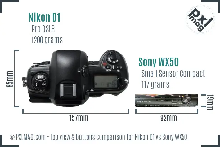 Nikon D1 vs Sony WX50 top view buttons comparison