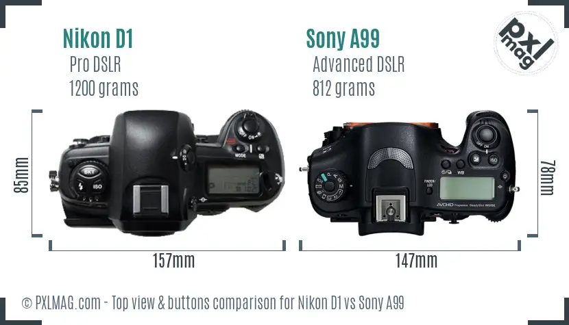 Nikon D1 vs Sony A99 top view buttons comparison