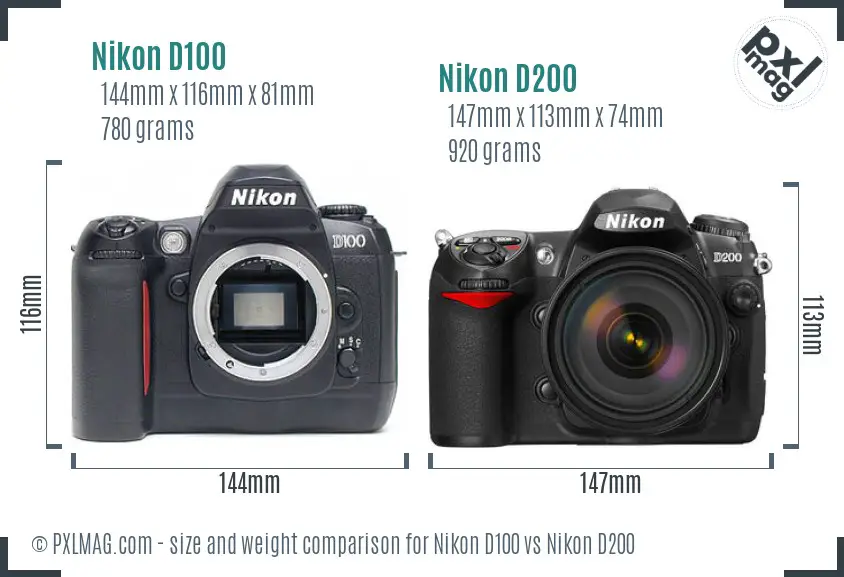 Nikon D100 vs Nikon D200 size comparison