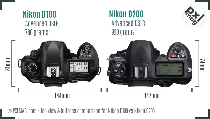Nikon D100 vs Nikon D200 top view buttons comparison