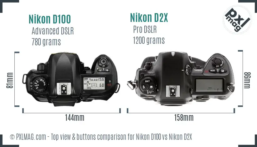 Nikon D100 vs Nikon D2X top view buttons comparison Nikon D100 vs Nikon D2X top view buttons comparison
