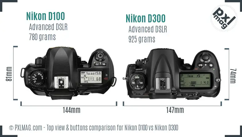 Nikon D100 vs Nikon D300 top view buttons comparison
