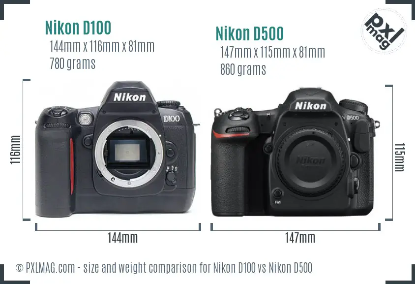 Nikon D100 vs Nikon D500 size comparison