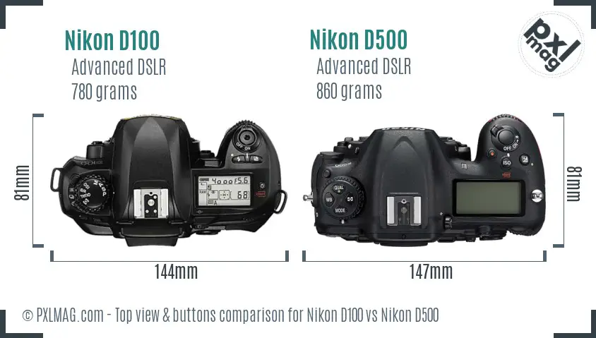 Nikon D100 vs Nikon D500 top view buttons comparison