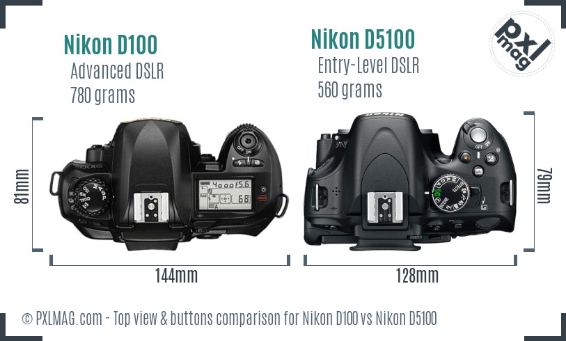 Nikon D100 vs Nikon D5100 top view buttons comparison