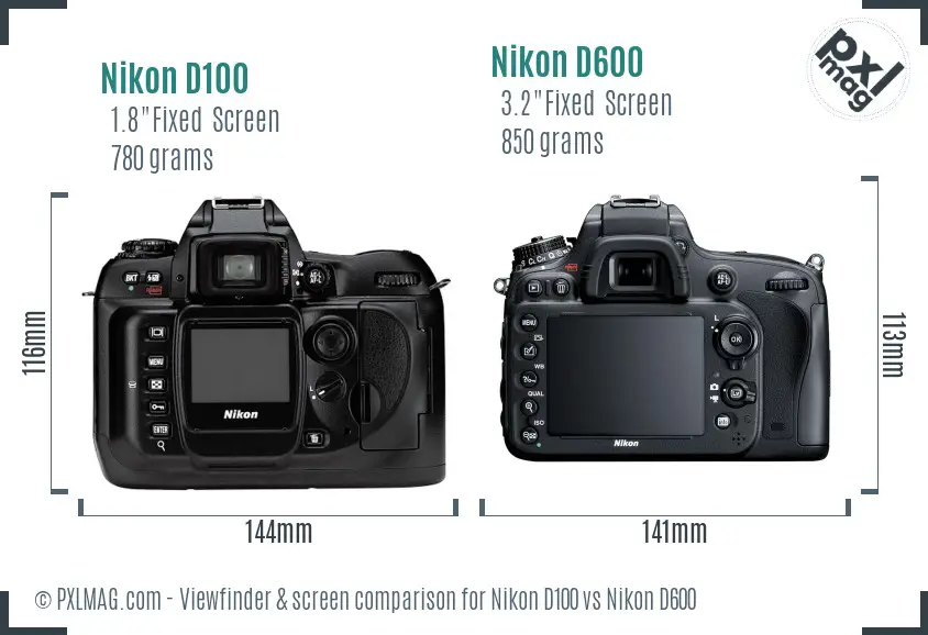 Nikon D100 vs Nikon D600 Screen and Viewfinder comparison