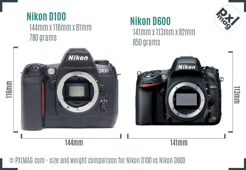 Nikon D100 vs Nikon D600 size comparison