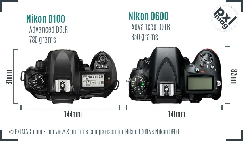 Nikon D100 vs Nikon D600 top view buttons comparison