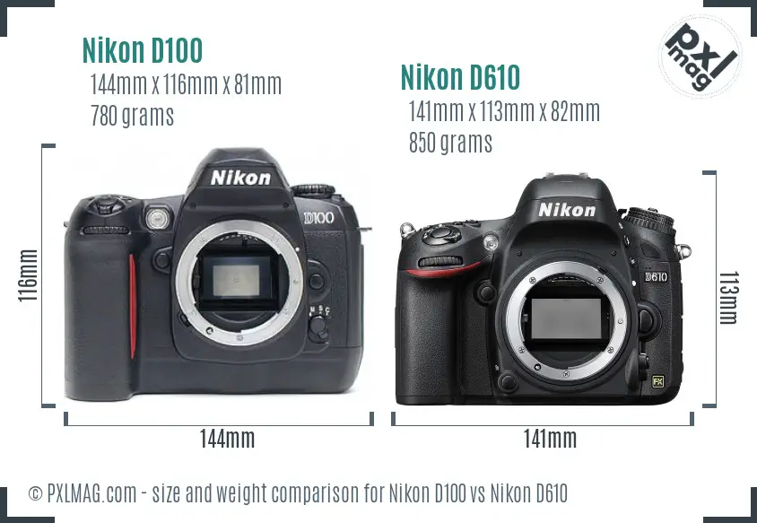 Nikon D100 vs Nikon D610 size comparison