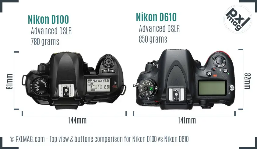 Nikon D100 vs Nikon D610 top view buttons comparison
