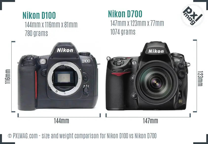 Nikon D100 vs Nikon D700 size comparison