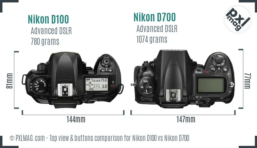 Nikon D100 vs Nikon D700 top view buttons comparison