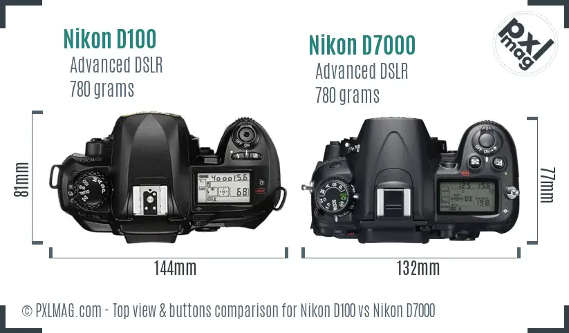 Nikon D100 vs Nikon D7000 top view buttons comparison