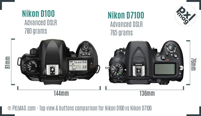 Nikon D100 vs Nikon D7100 top view buttons comparison