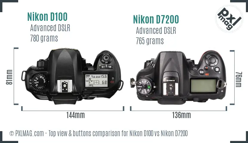 Nikon D100 vs Nikon D7200 top view buttons comparison