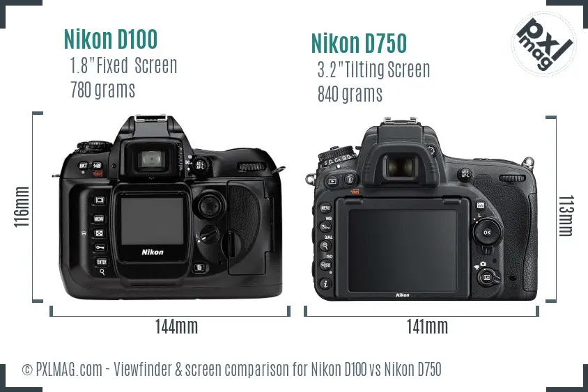 Nikon D100 vs Nikon D750 Screen and Viewfinder comparison