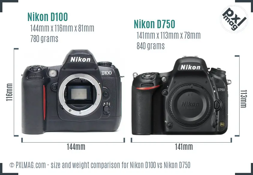 Nikon D100 vs Nikon D750 size comparison