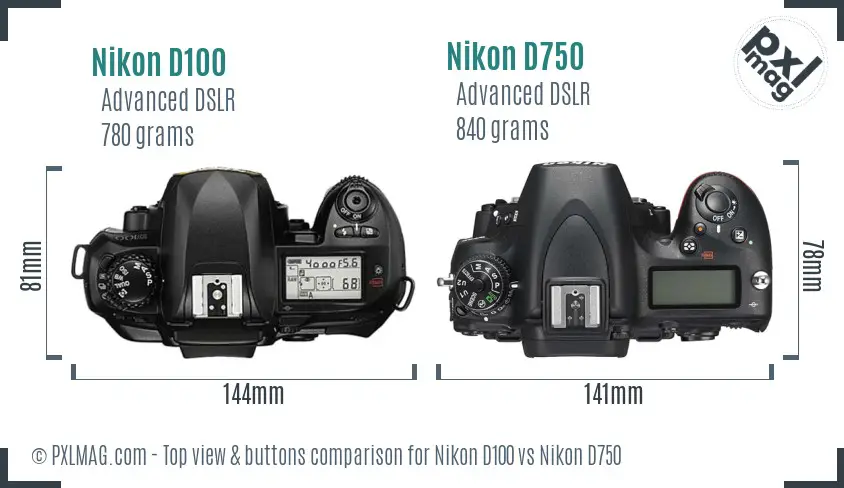 Nikon D100 vs Nikon D750 top view buttons comparison