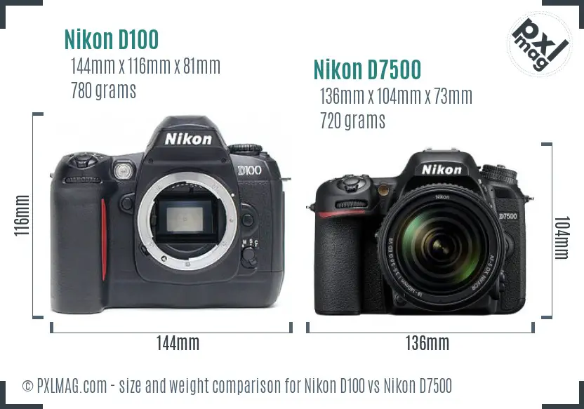 Nikon D100 vs Nikon D7500 size comparison