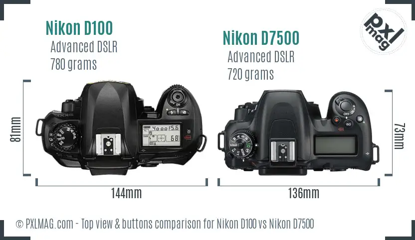 Nikon D100 vs Nikon D7500 top view buttons comparison