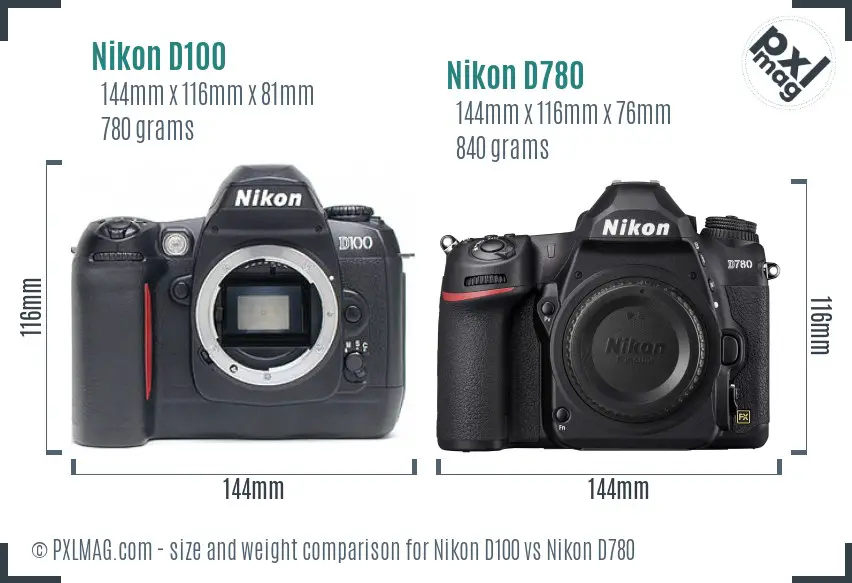 Nikon D100 vs Nikon D780 size comparison