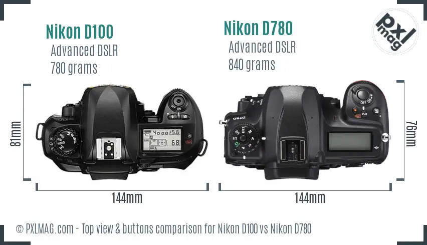 Nikon D100 vs Nikon D780 top view buttons comparison