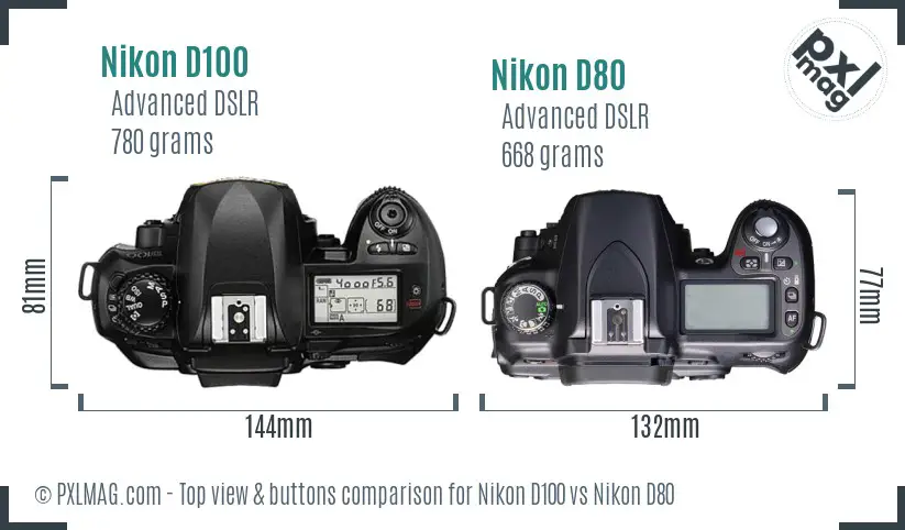 Nikon D100 vs Nikon D80 top view buttons comparison