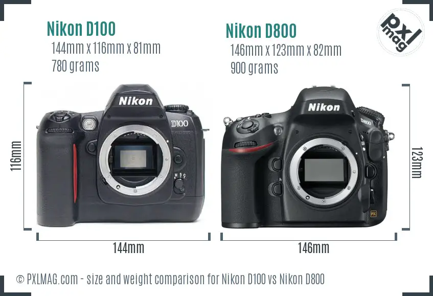 Nikon D100 vs Nikon D800 size comparison