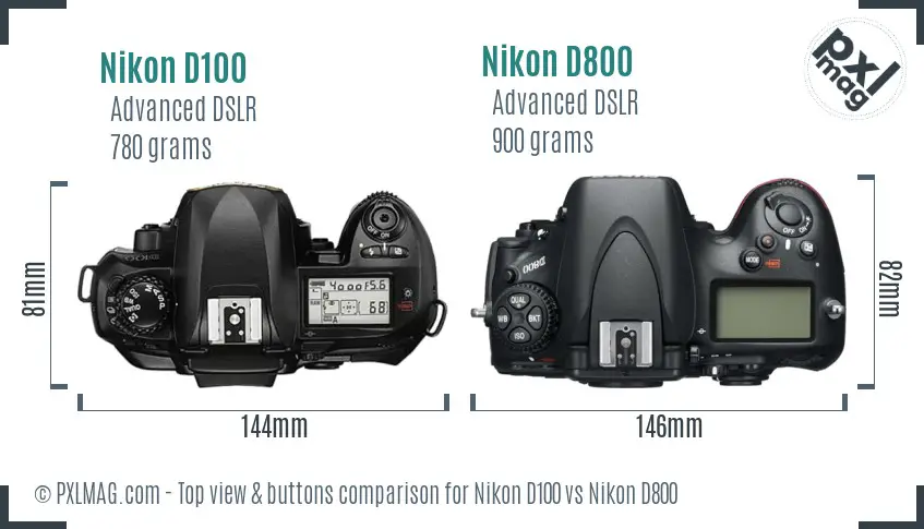 Nikon D100 vs Nikon D800 top view buttons comparison