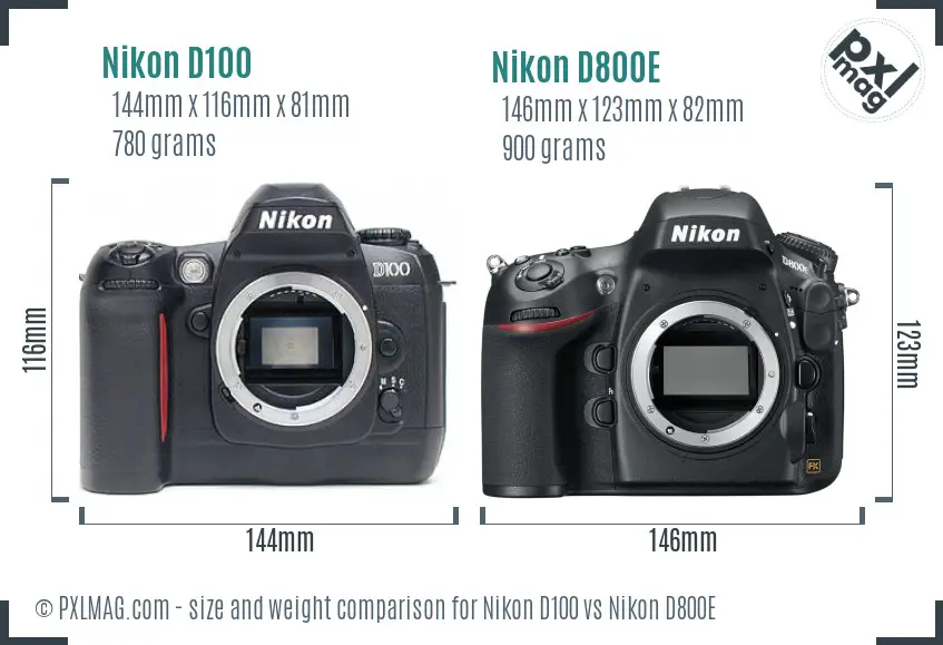 Nikon D100 vs Nikon D800E size comparison