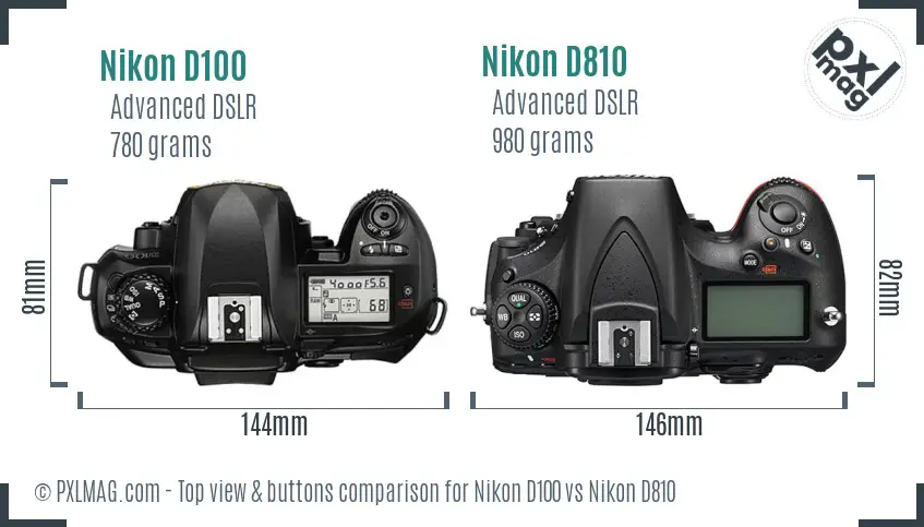 Nikon D100 vs Nikon D810 top view buttons comparison