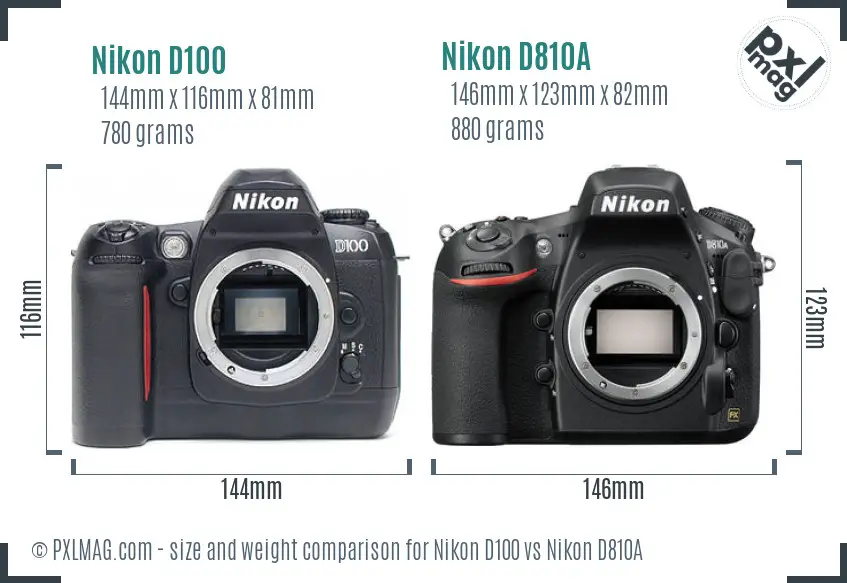Nikon D100 vs Nikon D810A size comparison
