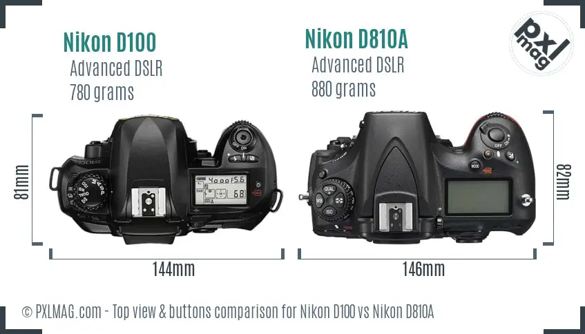Nikon D100 vs Nikon D810A top view buttons comparison