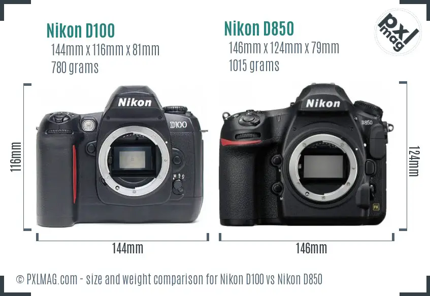 Nikon D100 vs Nikon D850 size comparison