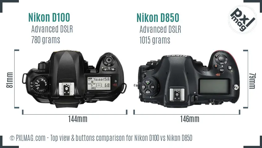 Nikon D100 vs Nikon D850 top view buttons comparison