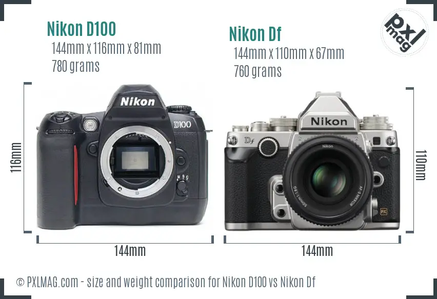 Nikon D100 vs Nikon Df size comparison