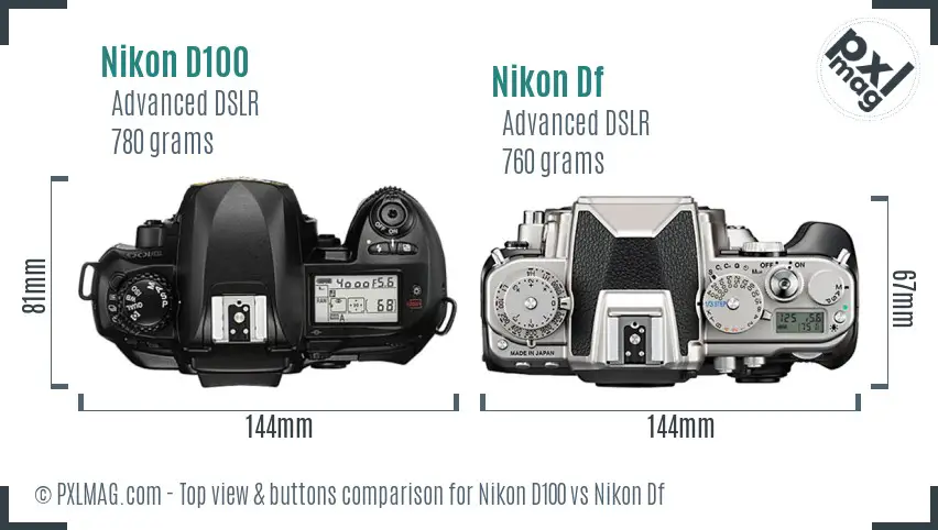 Nikon D100 vs Nikon Df top view buttons comparison