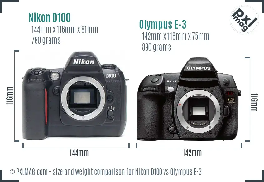 Nikon D100 vs Olympus E-3 size comparison