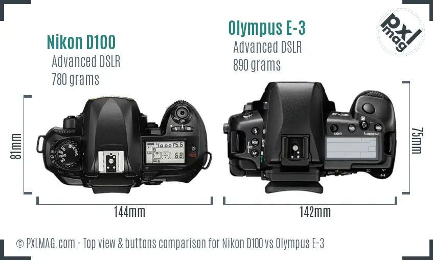Nikon D100 vs Olympus E-3 top view buttons comparison