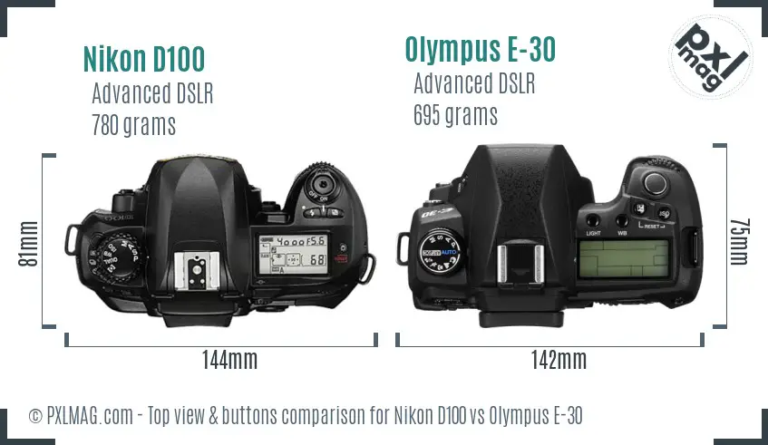 Nikon D100 vs Olympus E-30 top view buttons comparison
